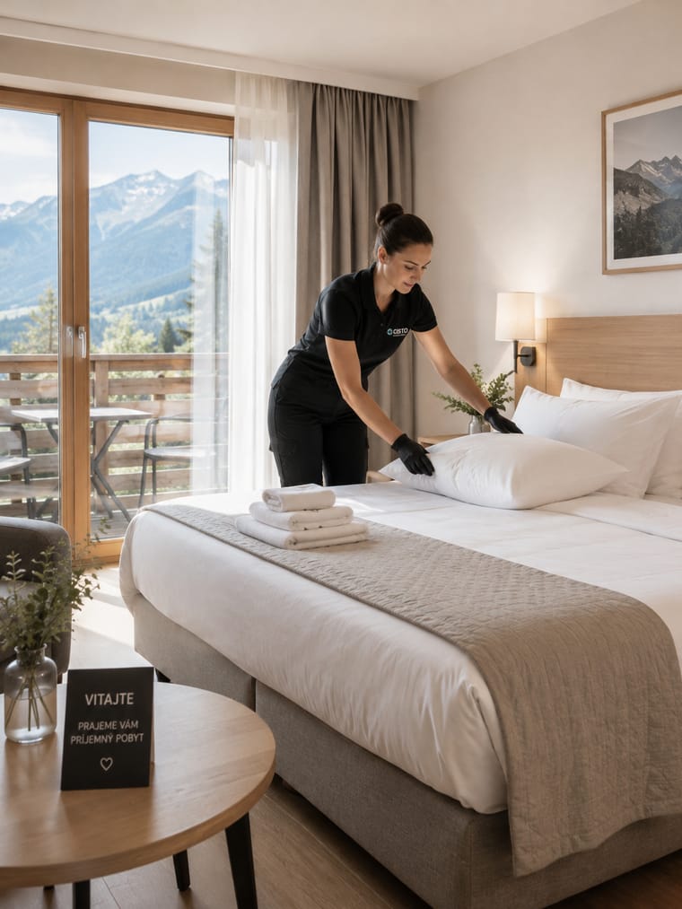 Pracovníčka Tatry Cleaning upratuje izbu v penzióne