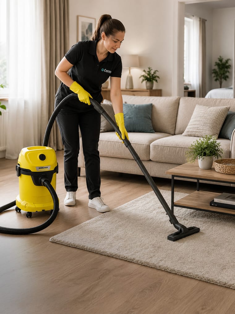 Pracovníčka Tatry Cleaning upratuje obývaciu izbu v domácnosti