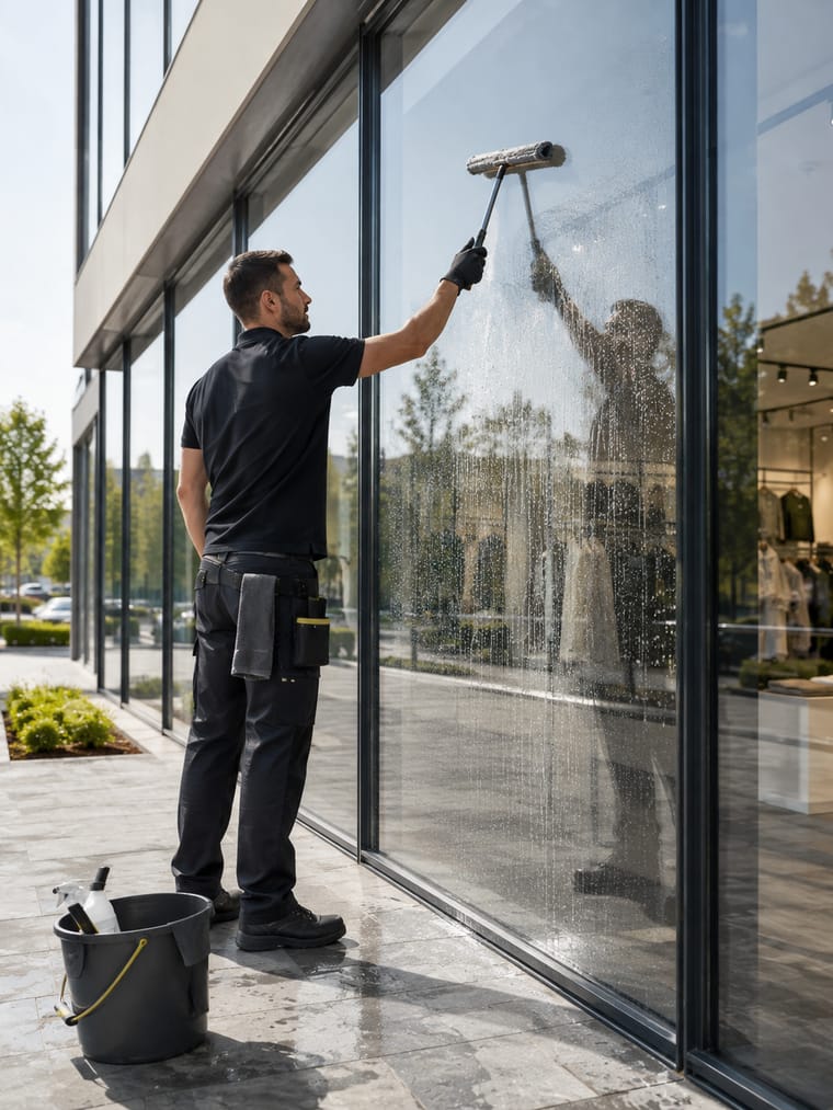 Pracovník Tatry Cleaning umýva presklený výklad predajne
