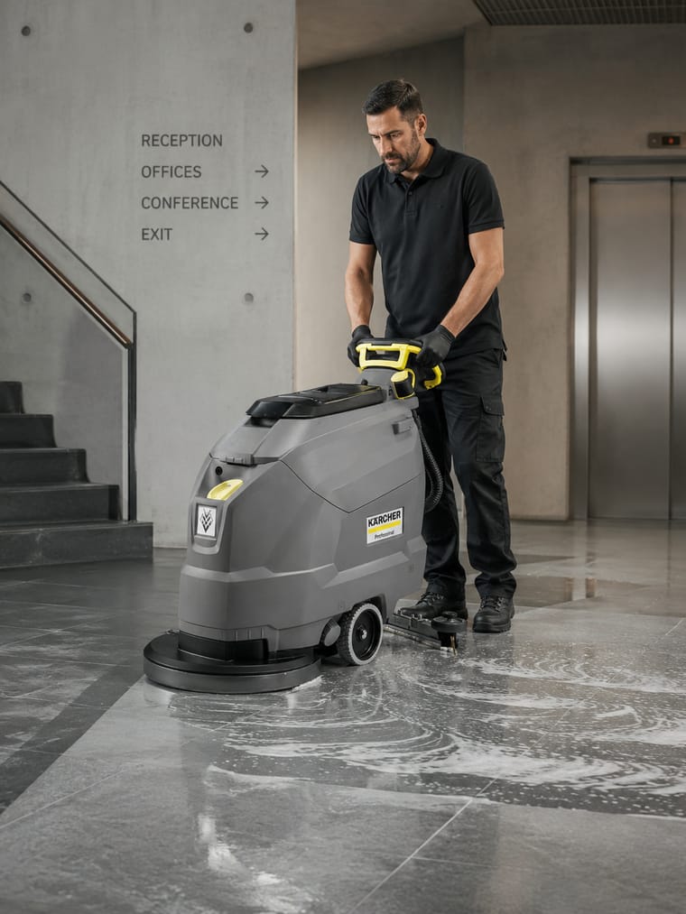 Pracovník Tatry Cleaning strojovo čistí podlahu podlahovým automatom